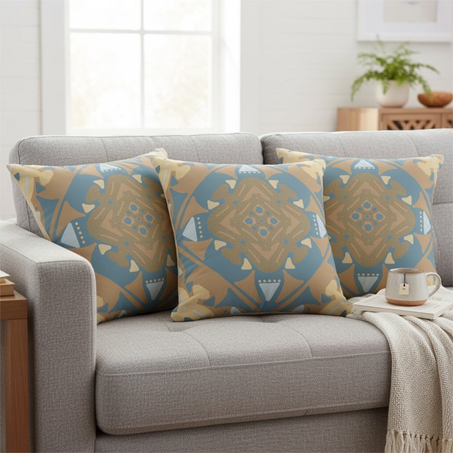 Timeless Beige Gold Blue Diamond Geometric Cushion (Simple but classy, these colors blend into almost any home and look great.)