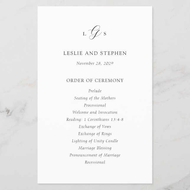 Timeless Black and White Budget Wedding Program Flyer (Front)