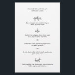 Timeless Black and White Elegant Wedding Menu<br><div class="desc">Classic and elegant wedding menu featuring a simple layout with the course headers in a modern script.  The clean and minimalist layout make this black and white wedding menu great for a traditional,  formal wedding.</div>