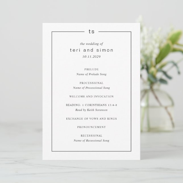 Timeless Black and White Monogram Modern Wedding Programme (Standing Front)