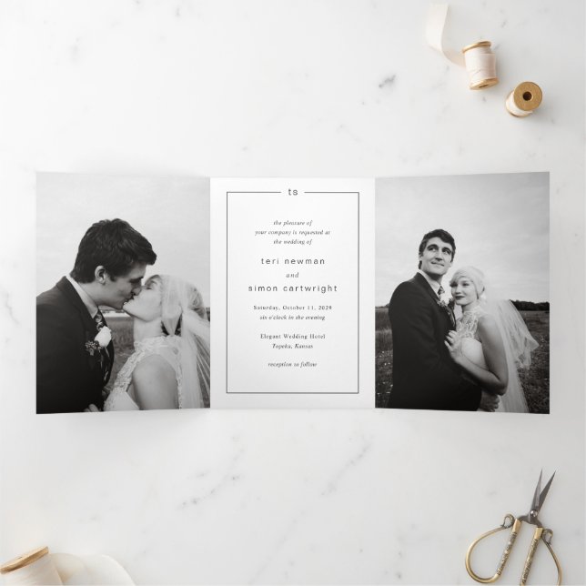 Timeless Black and White Monogram Modern Wedding Tri-Fold Invitation (Inside)