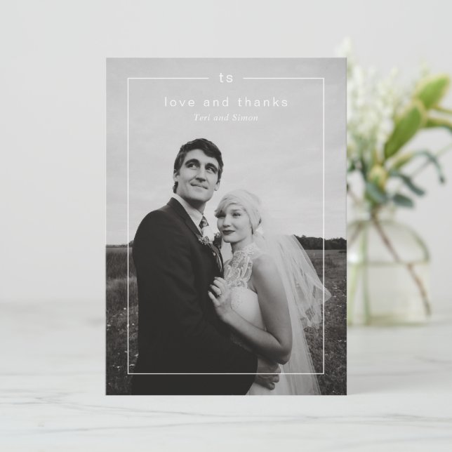 Timeless Black and White Photo Modern Wedding Thank You Card (Standing Front)