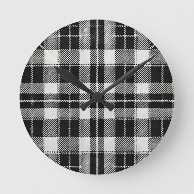 Timeless Black and White Plaid Pattern Round Clock (Front)