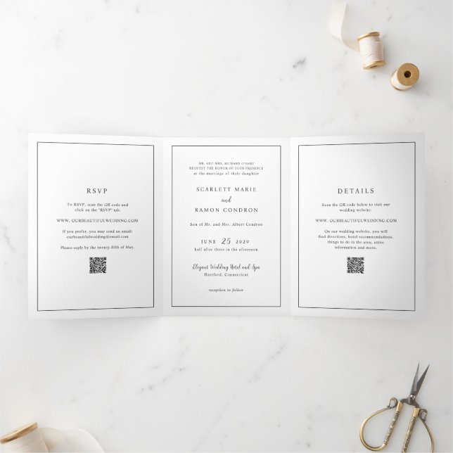 Timeless Black and White QR Code Elegant Wedding Tri-Fold Invitation (Inside)