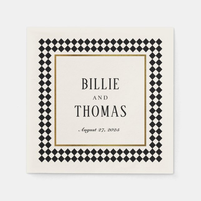 Timeless Black Chequerboard Frame Wedding Napkin (Front)