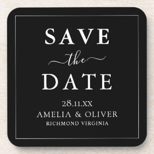 Timeless Black Minimalist Wedding Save The Date Coaster