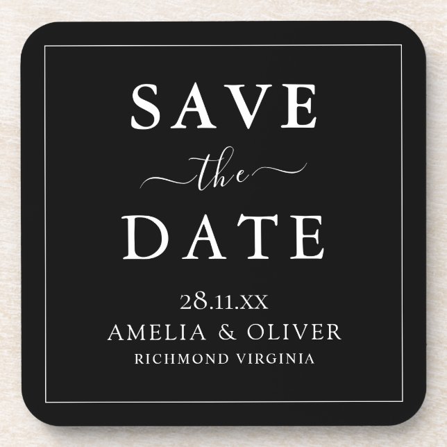 Timeless Black Minimalist Wedding Save The Date Coaster (Front)