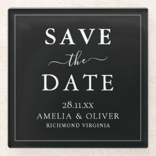 Timeless Black Minimalist Wedding Save The Date Glass Coaster