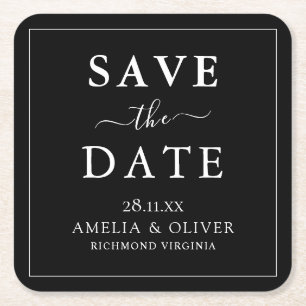 Timeless Black Minimalist Wedding Save The Date Square Paper Coaster