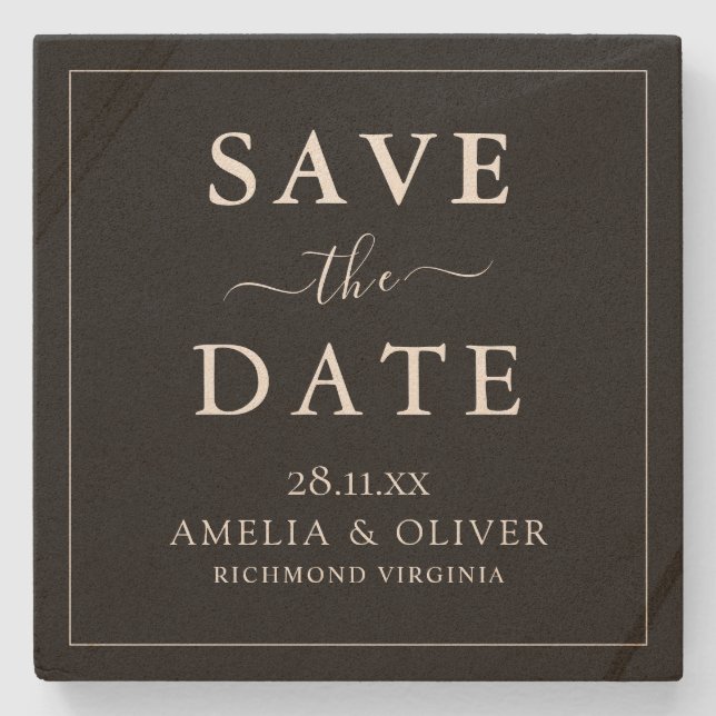 Timeless Black Minimalist Wedding Save The Date Stone Coaster (Front)