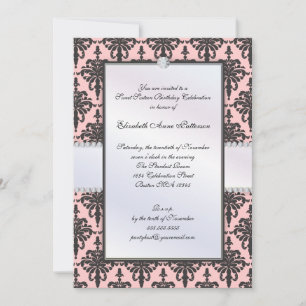 Timeless Black & Pink Damask Sweet 16 Party Invitation
