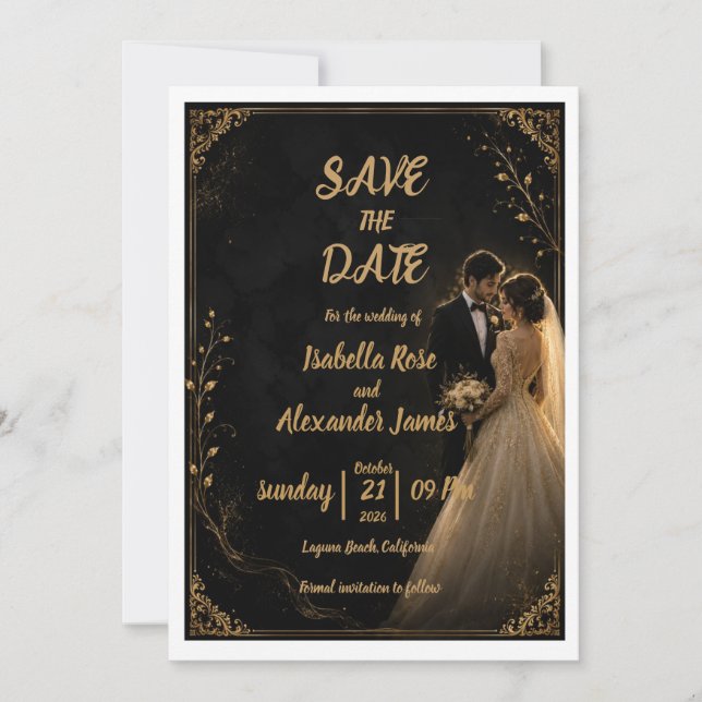 Timeless Black Save The Date card (Front)