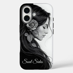 Timeless black white dramatic floral hair design iPhone 16 case