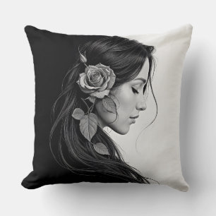 Timeless black white dramatic floral hair design cushion