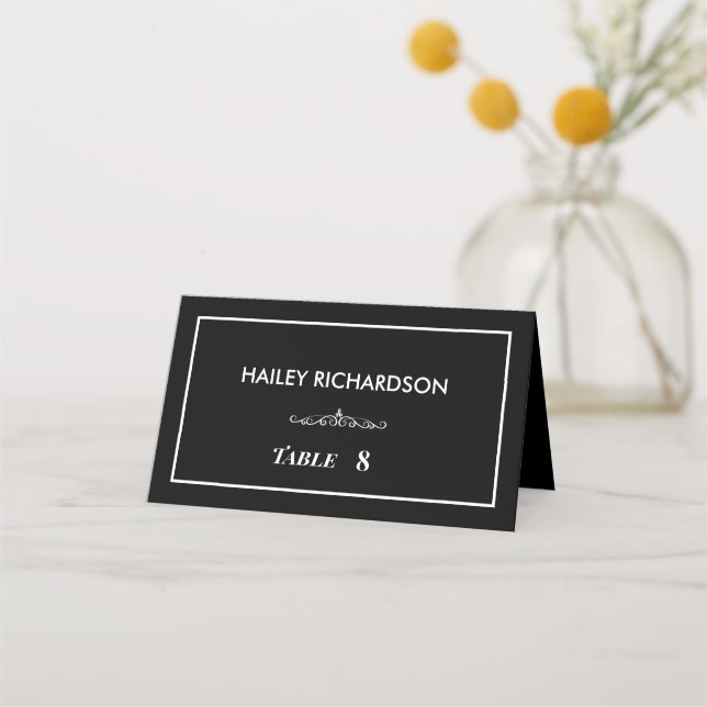 Timeless Black & White Wedding Place Card (Front)