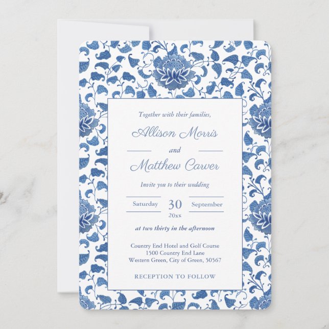 Timeless Blue And White Chinoiserie Chic Wedding  Invitation (Front)