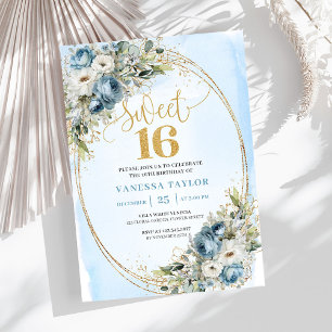 Timeless Blue and White Floral Sweet Sixteen   Invitation