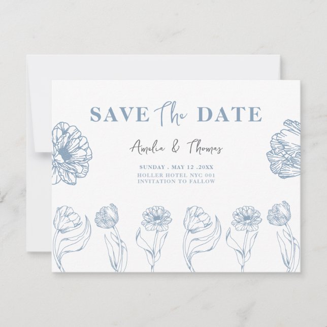 Timeless Blue Blossoms Save the Date Holiday Card (Front)
