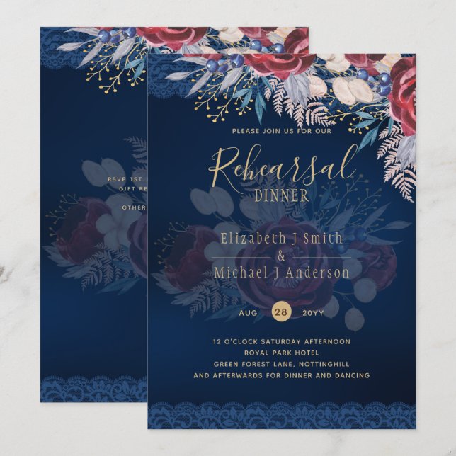 Timeless Blue Burgundy Floral Lace Wedding Invitation (Front/Back)