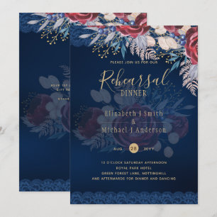 Timeless Blue Burgundy Floral Lace Wedding Invitation