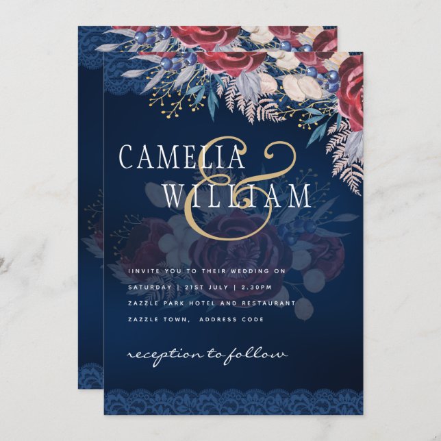 Timeless Blue Burgundy Floral Lace Wedding Invitation (Front/Back)