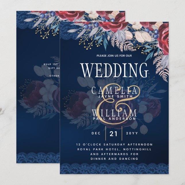 Timeless Blue Burgundy Floral Lace Wedding Invitation (Front/Back)
