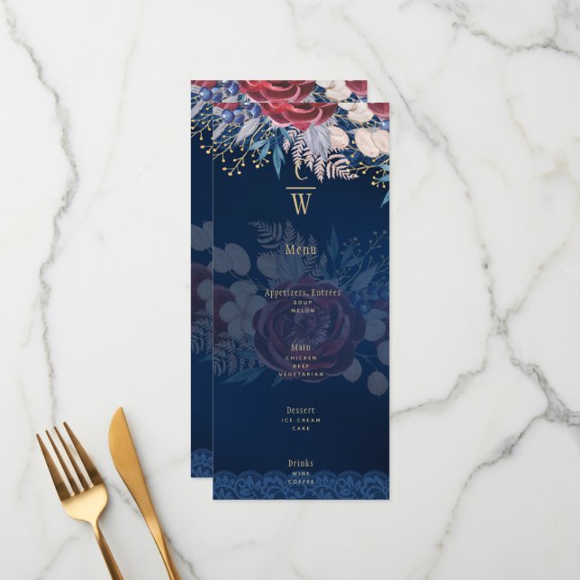 Timeless Blue Burgundy Floral Lace Wedding Menu (Front/Back In Situ)