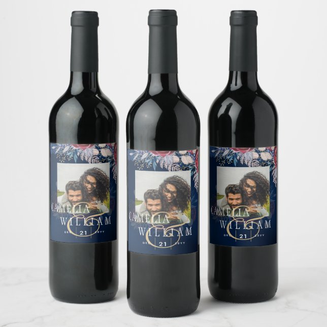 Timeless Blue Burgundy Floral Lace Wedding Wine Label (Bottles)