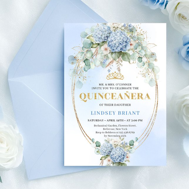 Timeless Blue Floral Gold Quinceañera Invitation (Timeless Blue Floral Gold Quinceañera Invitation)