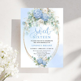 Timeless Blue Floral Gold Sweet 16 Birthday Invite