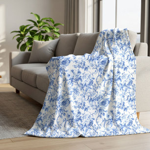 Timeless Blue French Toile Roses Floral Blanket