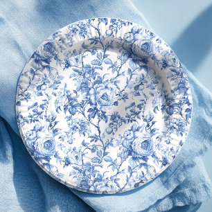 Timeless Blue French Toile Roses Floral Paper Plat Plate