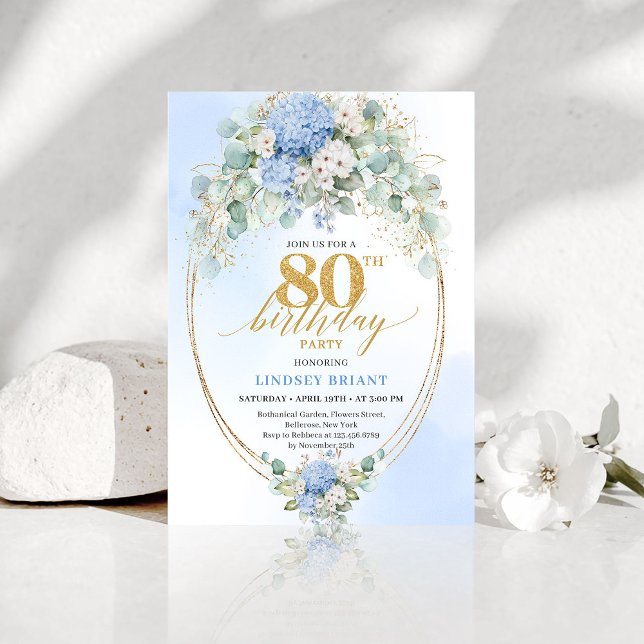 Timeless Blue Hydrangea Gold 80th Birthday Invite (Timeless Blue Hydrangea Gold 80th Birthday Invite)