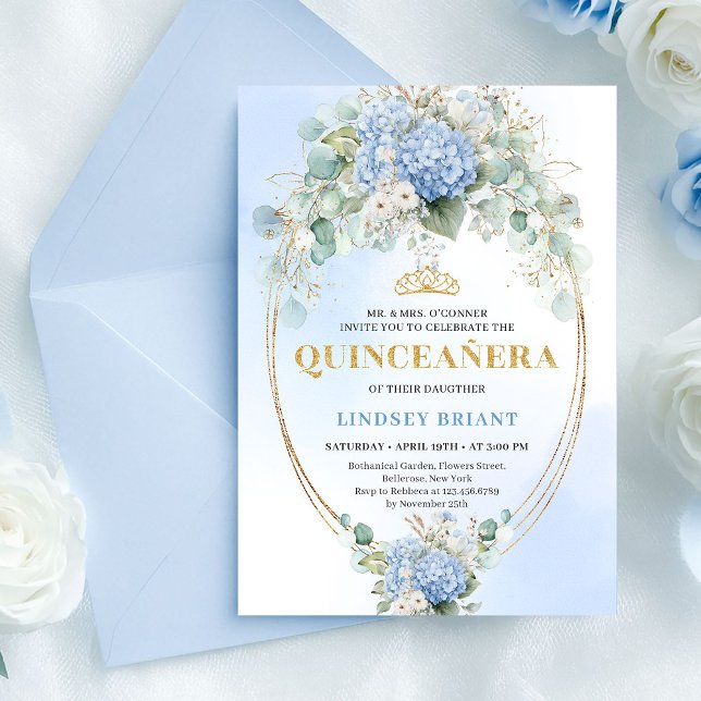 Timeless Blue Hydrangea Quinceañera Gold Invitatio Invitation (Timeless Blue Hydrangea Quinceañera Gold Invitation)