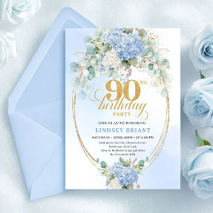 Timeless Blue Hydrangea Watercolor 90th Birthday Invitation