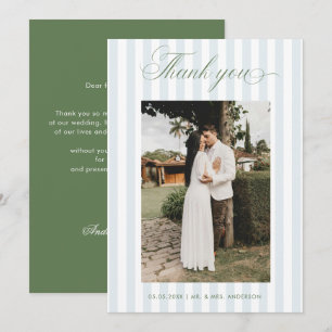 Timeless Blue Stripes Sage Green Script Wedding Thank You Card