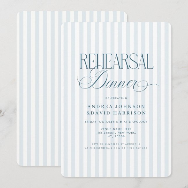 Timeless Blue Stripes Vintage Rehearsal Dinner Invitation (Front/Back)