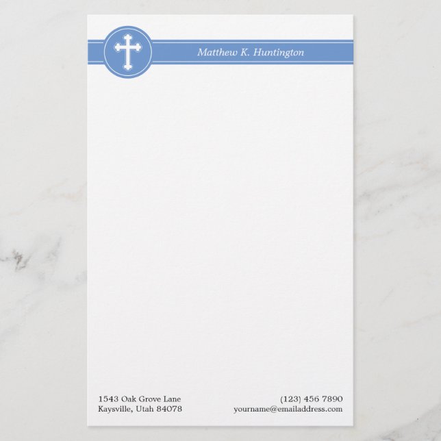 Timeless Blue White Cross Name & Contact Info Stationery (Front)
