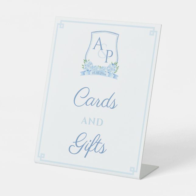Timeless Blue White Wedding Crest Cards And Gifts Pedestal Sign (Front)