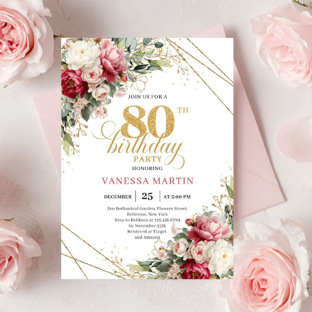 Timeless Blush Burgundy Greenery 80th Invite (Timeless Blush Burgundy Greenery 80th Invite)