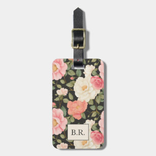 Timeless Blush & Cream Roses in Noir Elegance Luggage Tag