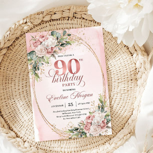Timeless Blush Pink Gold Greenery 90th Birthday  Invitation