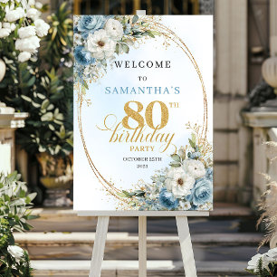 Timeless bohemian blue florals gold 80th birthday poster