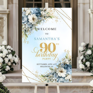 Timeless bohemian blue florals gold 90th birthday  poster