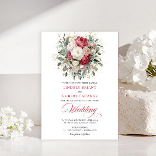 Timeless Boho Blush White Gold Floral Wedding Invitation