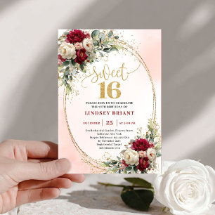 Timeless Boho Burgundy Gold Floral Sweet Sixteen Invitation