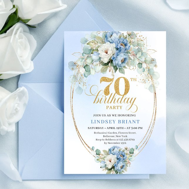 Timeless Boho Dusty Blue Flowers 70th Birthday  Invitation (Timeless Boho Dusty Blue Flowers 70th Birthday Invite)
