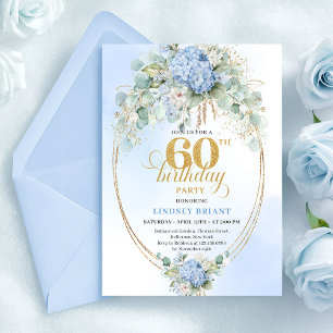 Timeless Boho Dusty Blue Flowers Gold 60 Birthday Invitation