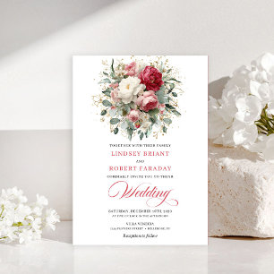 Timeless Boho Red Blush Floral Greenery Invitation