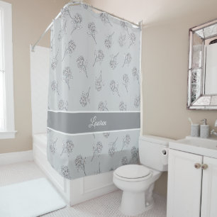 Timeless Botanical Bloom Soft Grey Monogram Shower Curtain